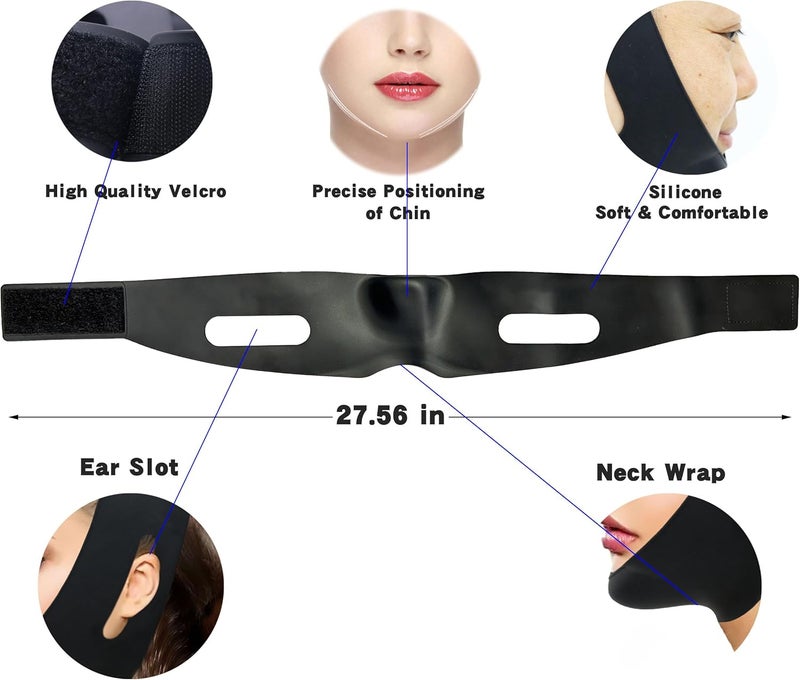 WIDVIH Post Surgical Silicone Chin Strap，Reusable Neck & Chin Lipo Compression Garment，Anti Snoring Chin Strap，Better Sleep Stop Snoring Chin Strap for Women & Men (Black 2PCS) - Image 5